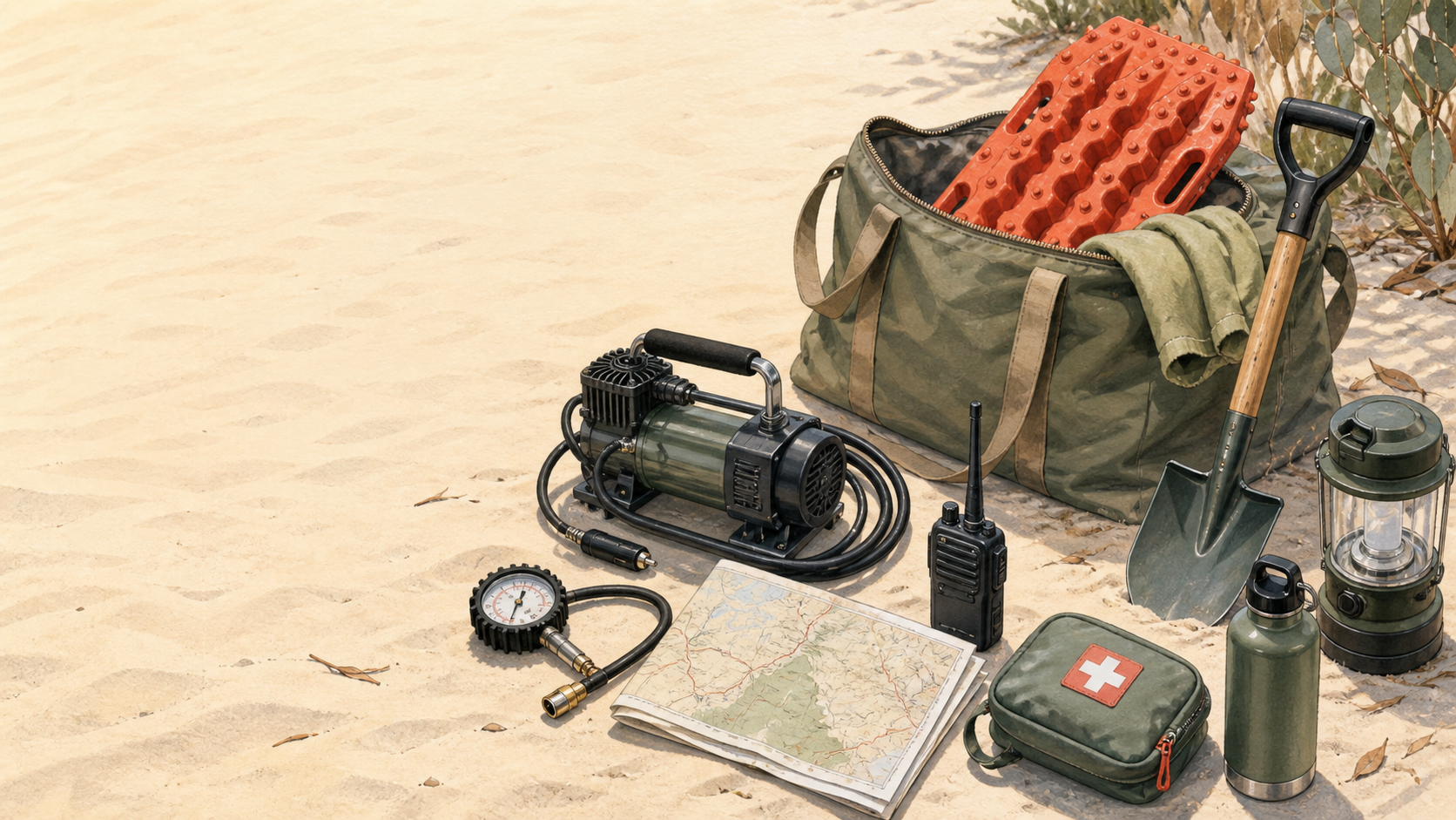 Illustrated beach-driving and camping preparation gear on sand
